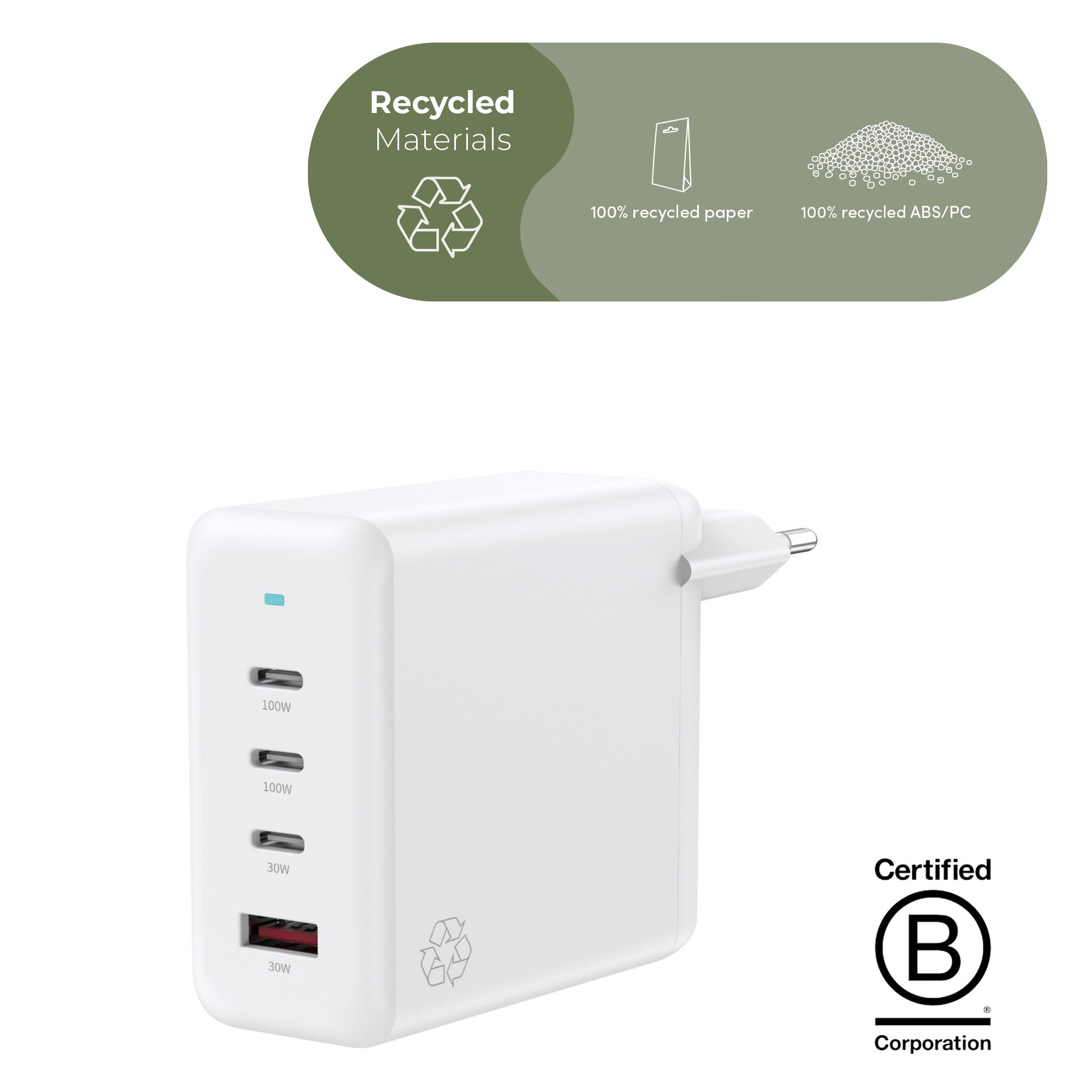 ËSSENTIALS 100W GaN Oplader USB-C & USB-A | 3 Porte (Bulk)